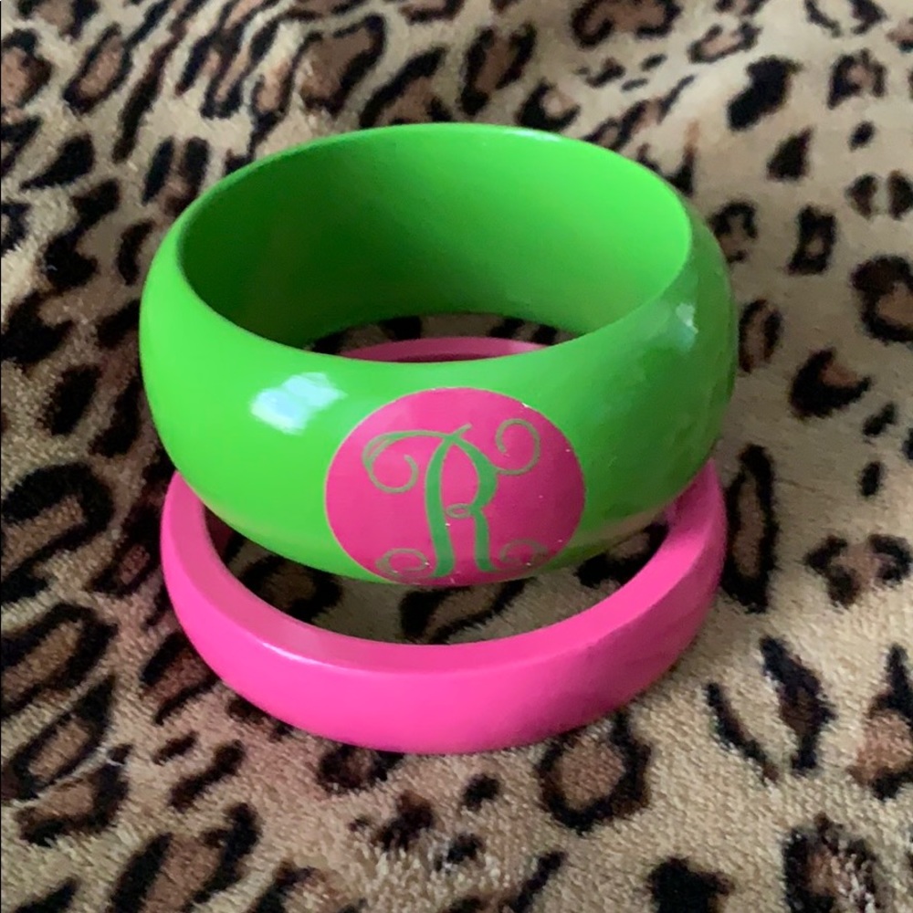 Buckhead Betties Preppy Monogram R Bracelet Set Pink Green